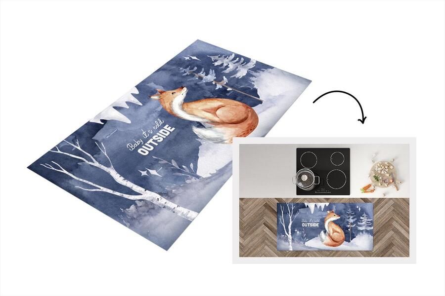 KitchenYeah Keukenloper Loper keuken Vos Winter Sneeuw 120x60 cm Keukenloper vinyl