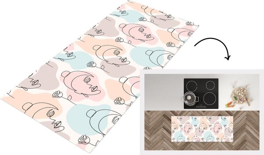 KitchenYeah Keukenloper Loper keuken Vrouw Bloemen Line Art Pastel Patroon 120x50 cm Keukenloper vinyl