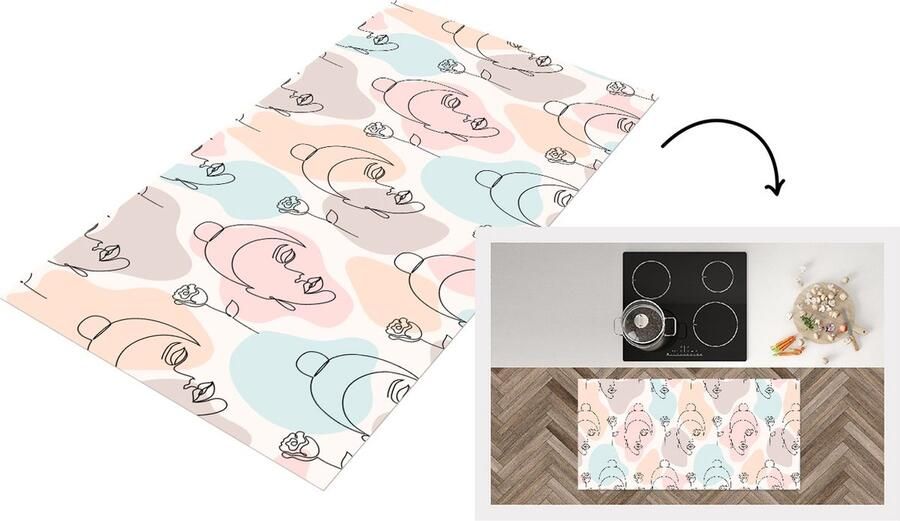 KitchenYeah Keukenloper Loper keuken Vrouw Bloemen Line Art Pastel Patroon 120x60 cm Keukenloper vinyl