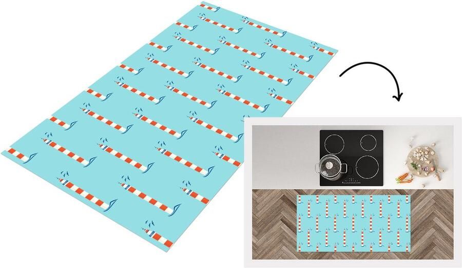 KitchenYeah Keukenloper Loper keuken Vuurtoren Blauw Strand Patronen 120x60 cm Keukenloper vinyl
