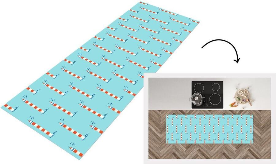 KitchenYeah Keukenloper Loper keuken Vuurtoren Blauw Strand Patronen 150x50 cm Keukenloper vinyl