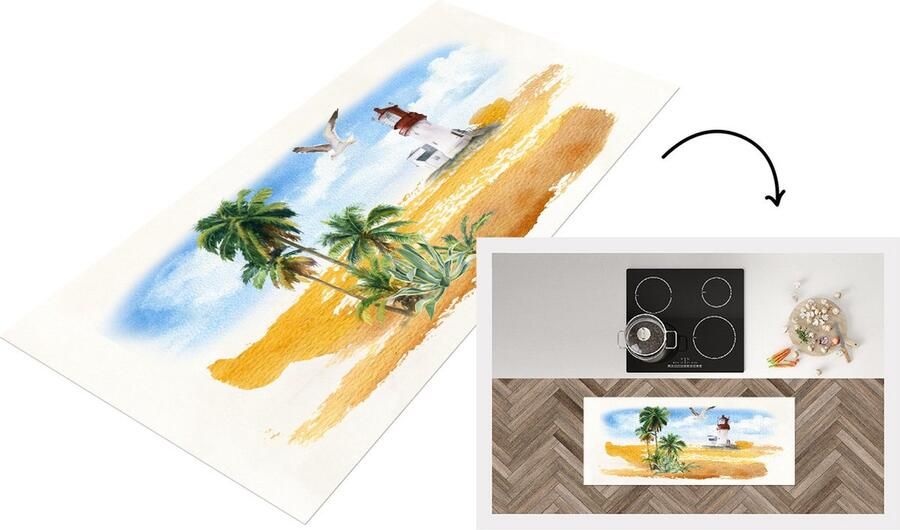 KitchenYeah Keukenloper Loper keuken Vuurtoren Palm Vogel Strand 120x50 cm Keukenloper vinyl