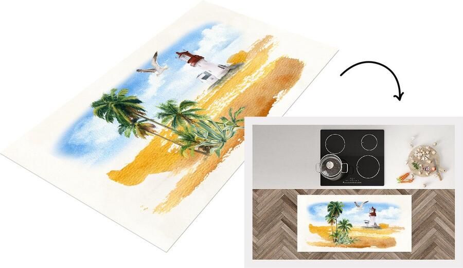 KitchenYeah Keukenloper Loper keuken Vuurtoren Palm Vogel Strand 120x60 cm Keukenloper vinyl