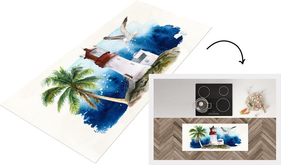 KitchenYeah Keukenloper Loper keuken Vuurtoren Palmboom Vogel 120x50 cm Keukenloper vinyl