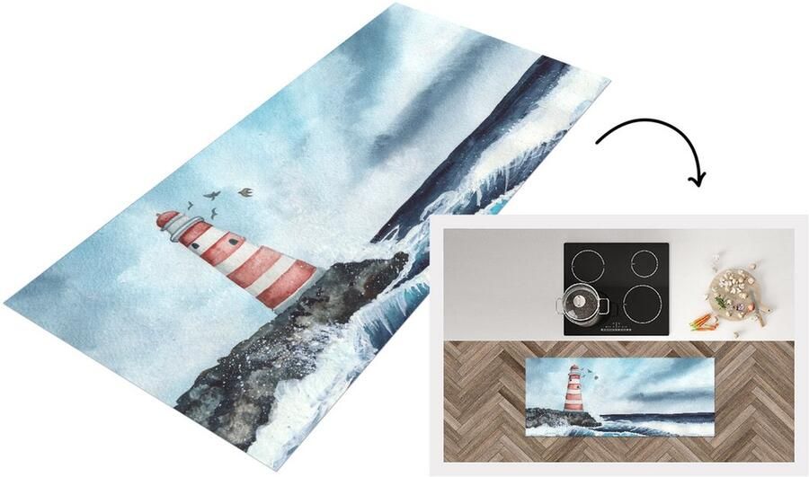 KitchenYeah Keukenloper Loper keuken Vuurtoren Zee Golf 120x50 cm Keukenloper vinyl