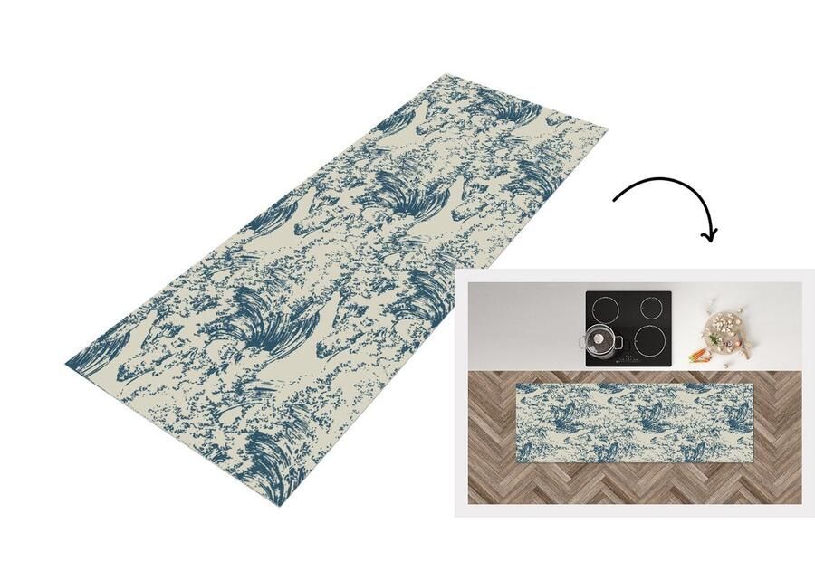 KitchenYeah Keukenloper Loper keuken Water Japan Patroon 180x60 cm Keukenloper vinyl