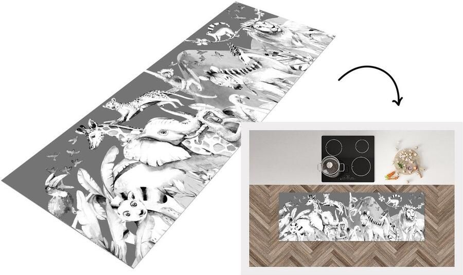 KitchenYeah Keukenloper Loper keuken Watercolor jungledieren grijze achtergrond met bergen zwart wit 180x60 cm Keukenloper vinyl