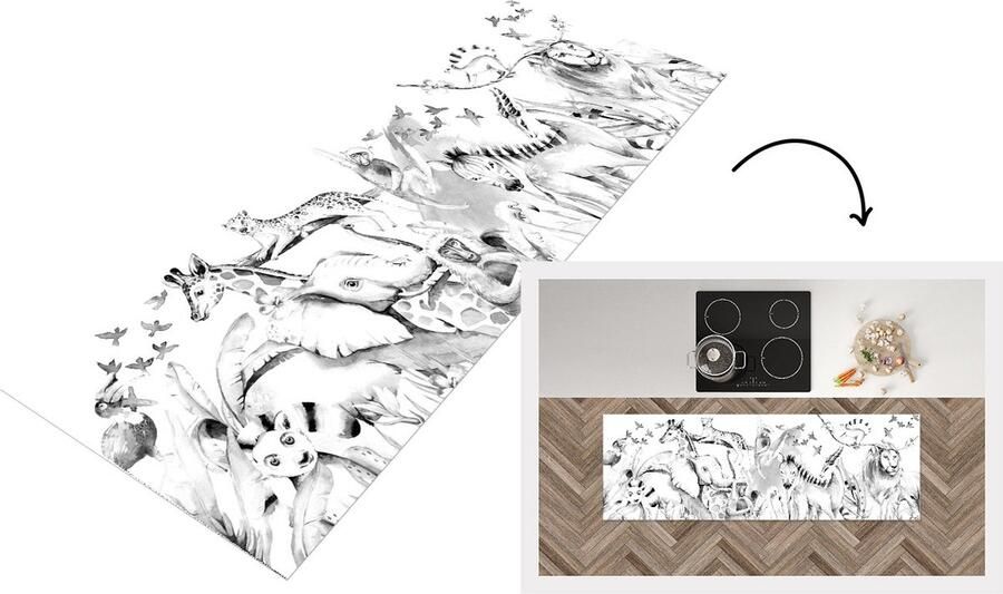 KitchenYeah Keukenloper Loper keuken Watercolor jungledieren met bergen zwart wit 180x60 cm Keukenloper vinyl