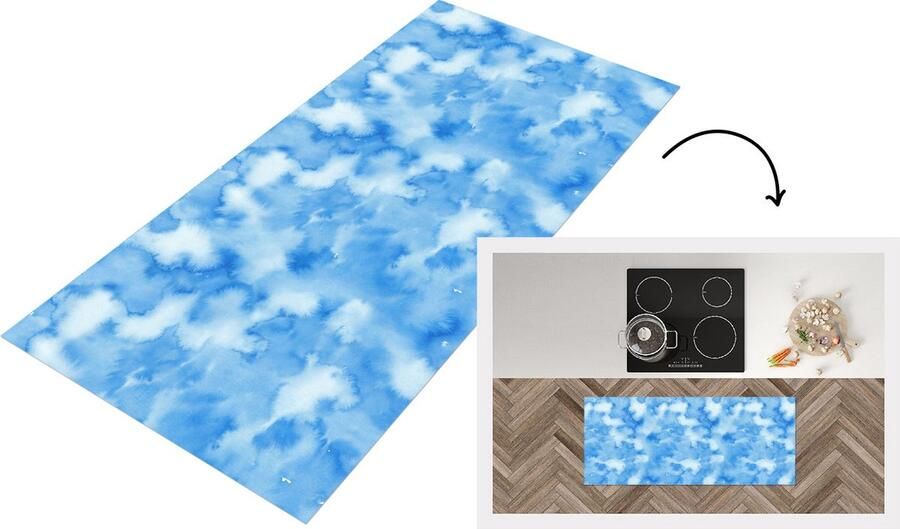 KitchenYeah Keukenloper Loper keuken Waterverf Abstract Blauw Patronen 120x50 cm Keukenloper vinyl