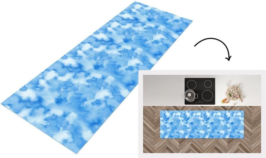 KitchenYeah Keukenloper Loper keuken Waterverf Abstract Blauw Patronen 150x50 cm Keukenloper vinyl