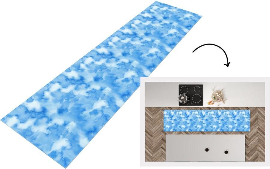 KitchenYeah Keukenloper Loper keuken Waterverf Abstract Blauw Patronen 200x50 cm Keukenloper vinyl