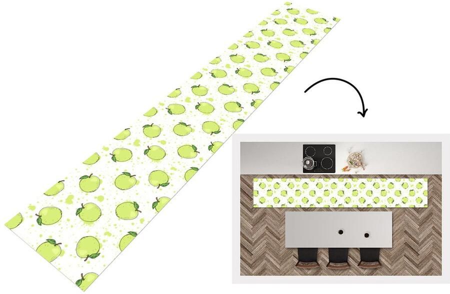 KitchenYeah Keukenloper Keukenmat Waterverf Appel Groen Patronen 360x60 cm Keuken vloerkleed