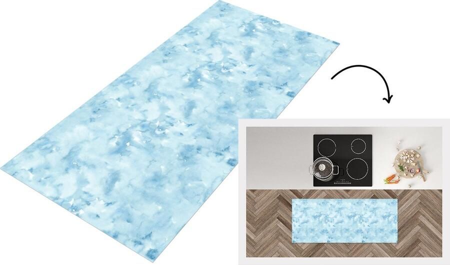 KitchenYeah Keukenloper Loper keuken Waterverf Blauw Patroon 120x50 cm Keukenloper vinyl