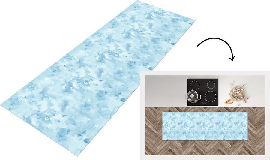 KitchenYeah Keukenloper Loper keuken Waterverf Blauw Patroon 150x50 cm Keukenloper vinyl