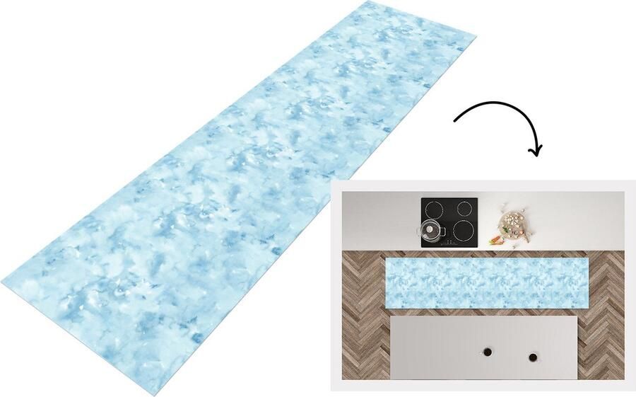 KitchenYeah Keukenloper Loper keuken Waterverf Blauw Patroon 240x60 cm Keukenloper vinyl