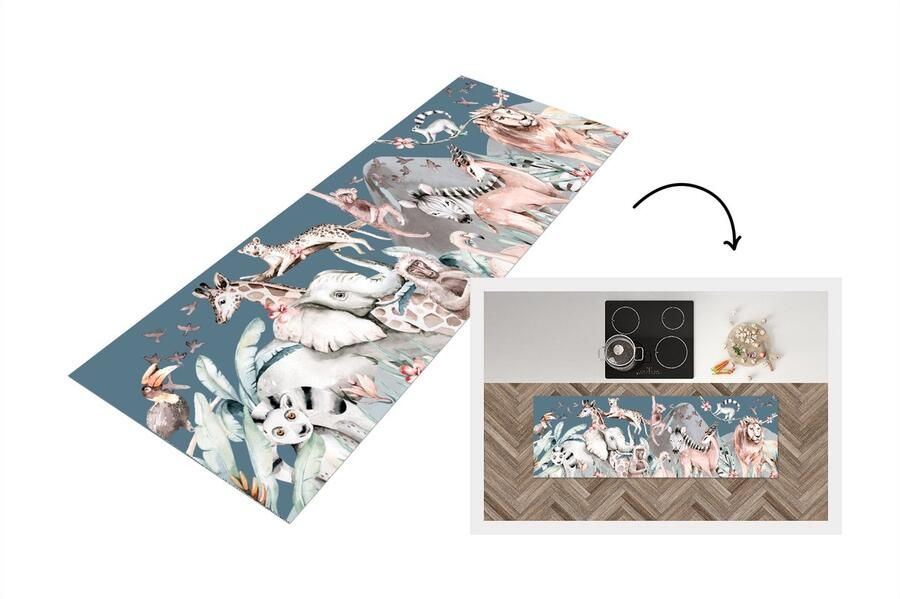 KitchenYeah Keukenloper Loper keuken Waterverf Dieren Jungle Blauw 180x60 cm Keukenloper vinyl