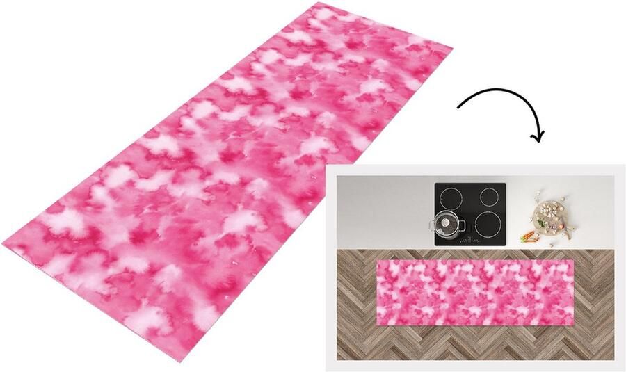 KitchenYeah Keukenloper Loper keuken Waterverf Patronen Fuchsia 180x60 cm Keukenloper vinyl
