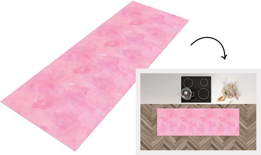 KitchenYeah Keukenloper Loper keuken Waterverf Patronen Roze Verf 150x50 cm Keukenloper vinyl
