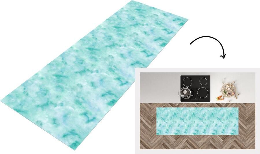 KitchenYeah Keukenloper Loper keuken Waterverf Patronen Turquoise Aqua 150x50 cm Keukenloper vinyl