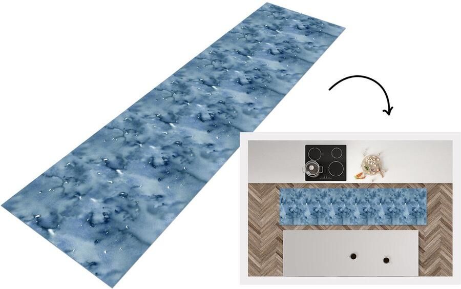 KitchenYeah Keukenloper Loper keuken Waterverf Patroon Blauw 200x50 cm Keukenloper vinyl
