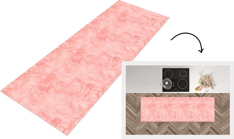 KitchenYeah Keukenloper Loper keuken Waterverf Patroon Roze Marmer 180x60 cm Keukenloper vinyl