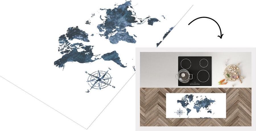 KitchenYeah Keukenloper Loper keuken Wereldkaart Aquarelverf Windroos 120x50 cm Keukenloper vinyl