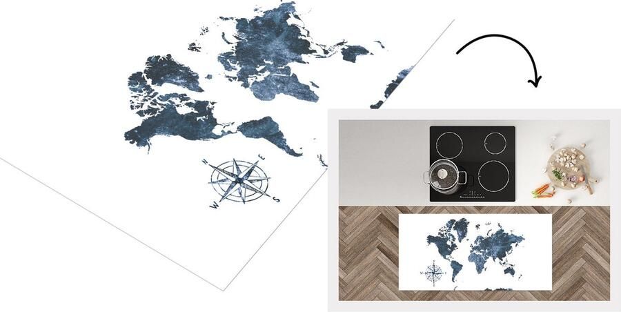 KitchenYeah Keukenloper Loper keuken Wereldkaart Aquarelverf Windroos 120x60 cm Keukenloper vinyl