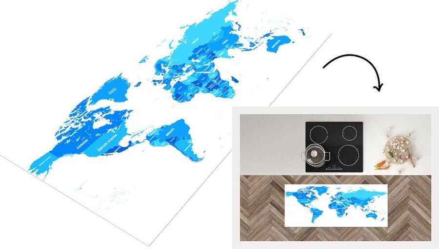KitchenYeah Keukenloper Loper keuken Wereldkaart Blauw Letters 120x50 cm Keukenloper vinyl