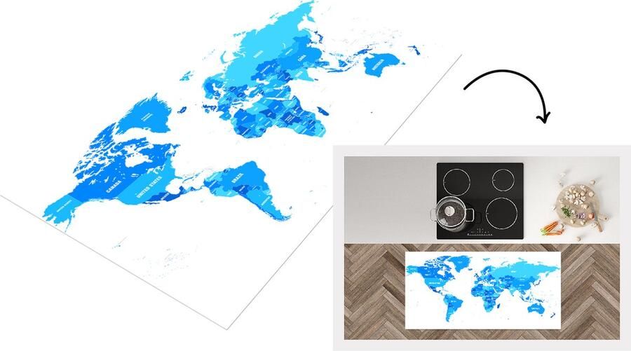 KitchenYeah Keukenloper Loper keuken Wereldkaart Blauw Letters 120x60 cm Keukenloper vinyl
