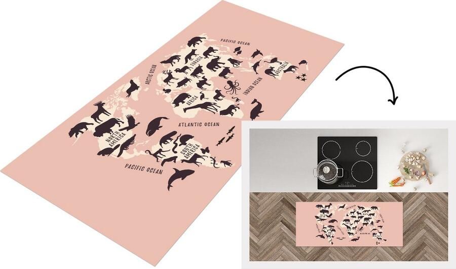 KitchenYeah Keukenloper Loper keuken Wereldkaart Dier Roze 120x50 cm Keukenloper vinyl