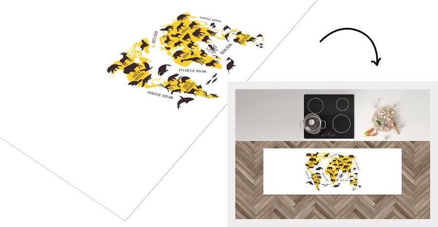KitchenYeah Keukenloper Loper keuken Wereldkaart Dieren Geel 150x50 cm Keukenloper vinyl
