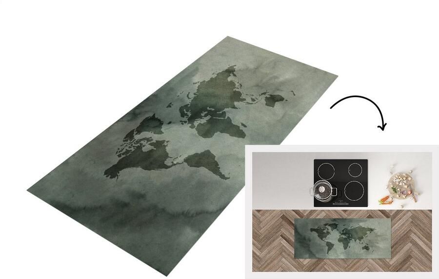 KitchenYeah Keukenloper Loper keuken Wereldkaart Groen Grijs 120x50 cm Keukenloper vinyl