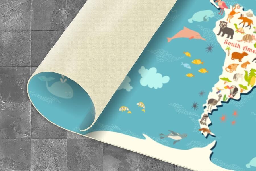 KitchenYeah Keukenloper Loper keuken Wereldkaart Kinderen Blauw Dieren 120x50 cm Keukenloper vinyl