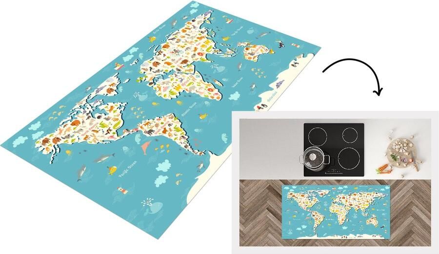 KitchenYeah Keukenloper Loper keuken Wereldkaart Kinderen Blauw Dieren 120x60 cm Keukenloper vinyl