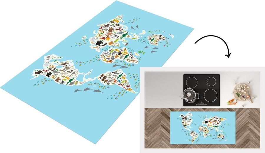 KitchenYeah Keukenloper Loper keuken Wereldkaart Kinderen Dieren Blauw 120x60 cm Keukenloper vinyl