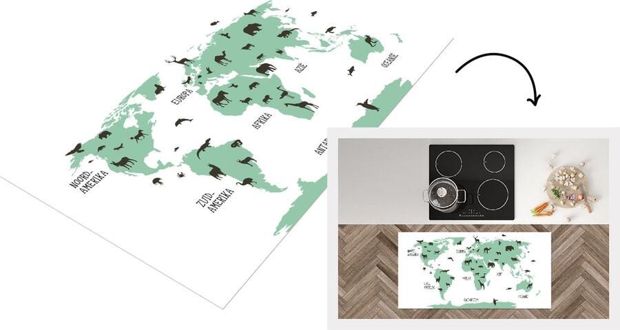 KitchenYeah Keukenloper Loper keuken Wereldkaart kinderen Dieren Groen 120x60 cm Keukenloper vinyl