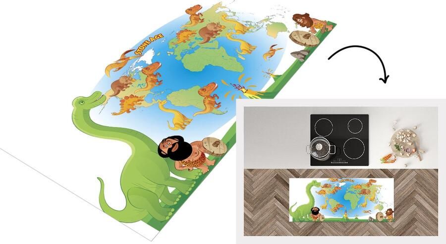 KitchenYeah Keukenloper Loper keuken Wereldkaart Kinderen Dinosaurus Vulkaan 120x50 cm Keukenloper vinyl