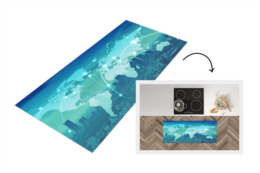 KitchenYeah Keukenloper Loper keuken Wereldkaart Netwerk Blauw 120x50 cm Keukenloper vinyl