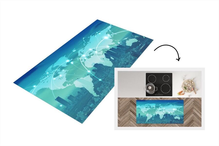 KitchenYeah Keukenloper Loper keuken Wereldkaart Netwerk Blauw 120x60 cm Keukenloper vinyl