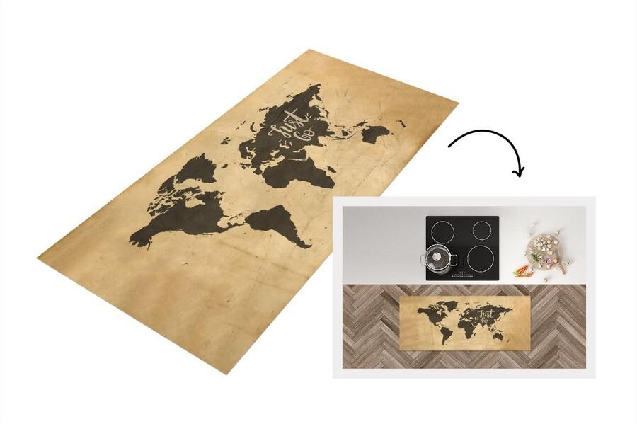 KitchenYeah Keukenloper Loper keuken Wereldkaart Papyrus Quote 120x50 cm Keukenloper vinyl