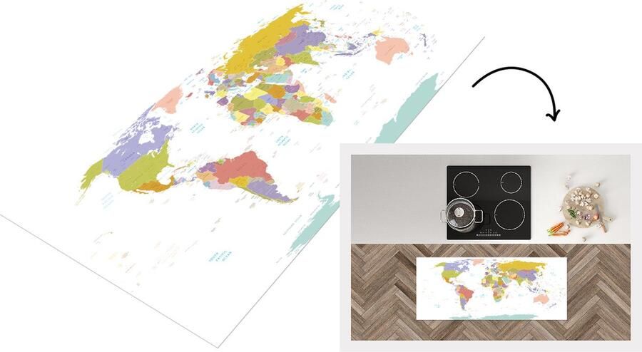 KitchenYeah Keukenloper Loper keuken Wereldkaart Pastel Kleuren 120x50 cm Keukenloper vinyl