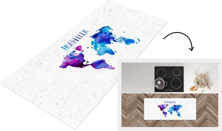 KitchenYeah Keukenloper Loper keuken Wereldkaart Quotes Waterverf 120x50 cm Keukenloper vinyl