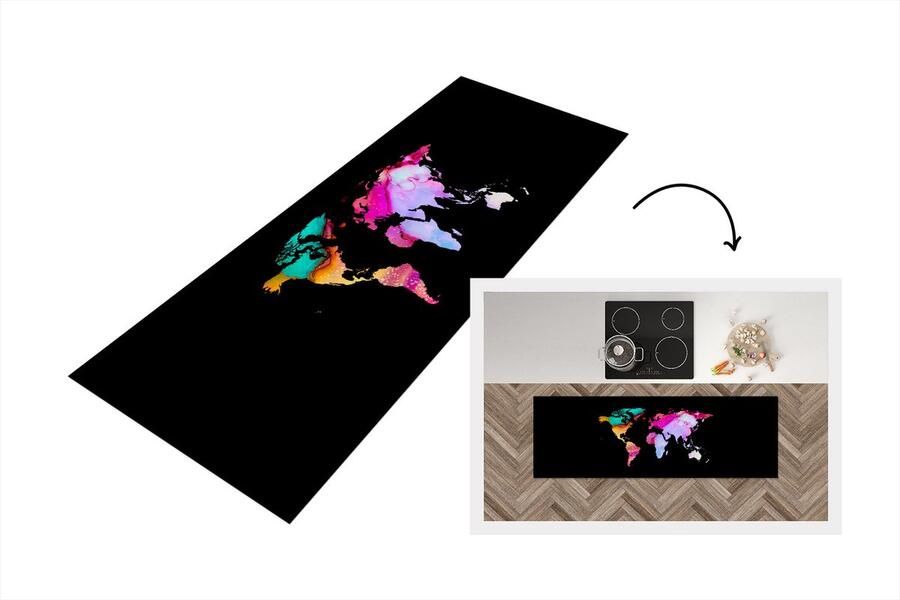 KitchenYeah Keukenloper Loper keuken Wereldkaart Regenboog Aquarelverf 180x60 cm Keukenloper vinyl