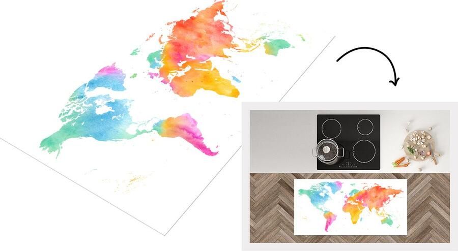 KitchenYeah Keukenloper Loper keuken Wereldkaart Regenboog Waterverf 120x60 cm Keukenloper vinyl