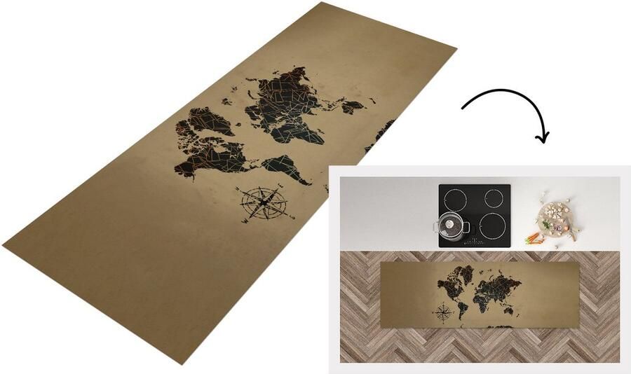 KitchenYeah Keukenloper Loper keuken Wereldkaart Retro Design 150x50 cm Keukenloper vinyl