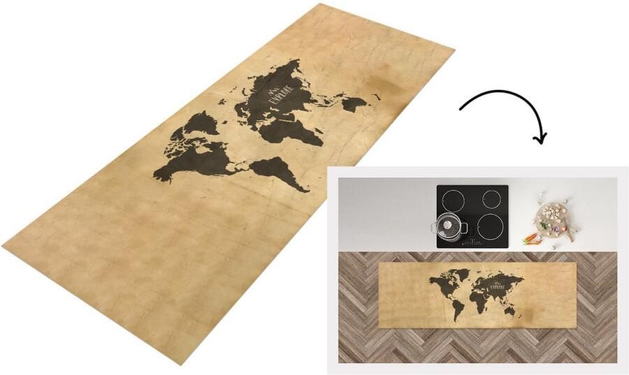 KitchenYeah Keukenloper Loper keuken Wereldkaart Retro Quotes 180x60 cm Keukenloper vinyl