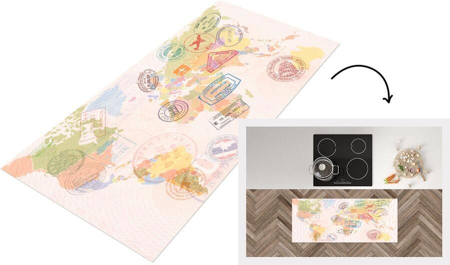 KitchenYeah Keukenloper Loper keuken Wereldkaart Stempels Kleuren 120x50 cm Keukenloper vinyl