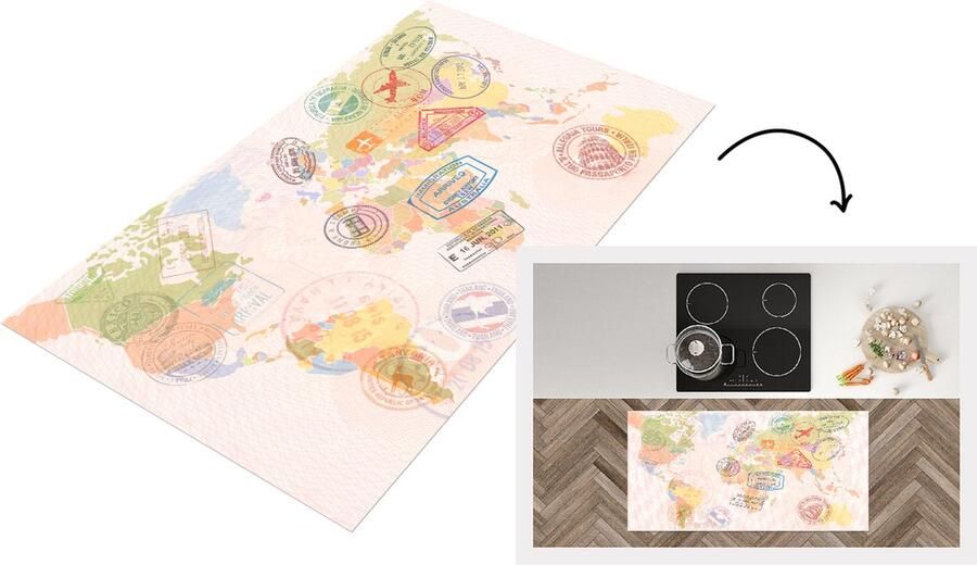 KitchenYeah Keukenloper Loper keuken Wereldkaart Stempels Kleuren 120x60 cm Keukenloper vinyl
