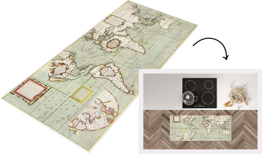 KitchenYeah Keukenloper Loper keuken Wereldkaart Vintage Antiek 120x50 cm Keukenloper vinyl