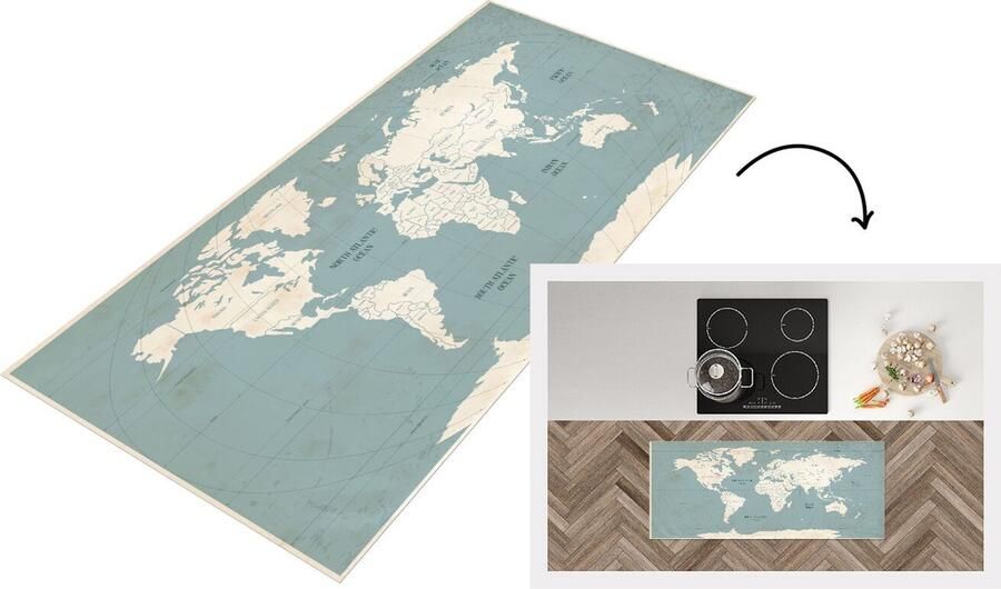 KitchenYeah Keukenloper Loper keuken Wereldkaart Vintage Blauw 120x50 cm Keukenloper vinyl